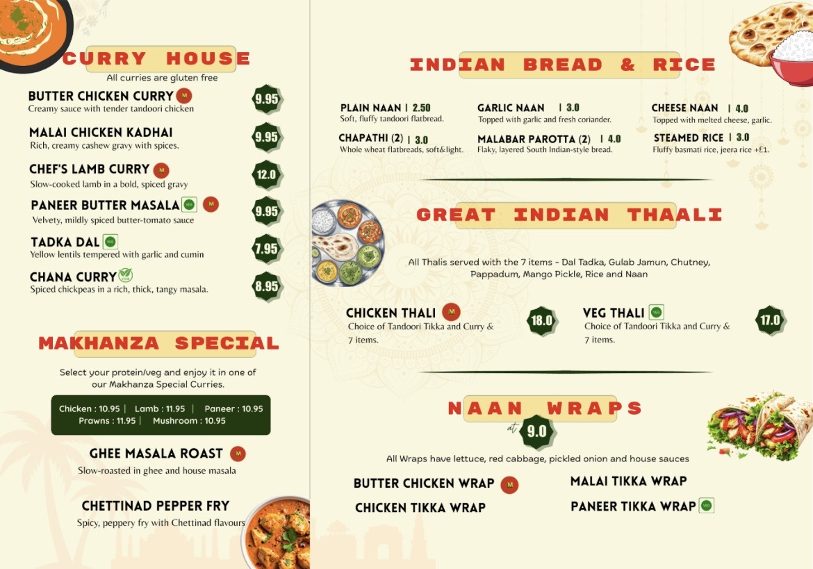 Makhanza menu: curries, breads, rice, thalis and naan wraps